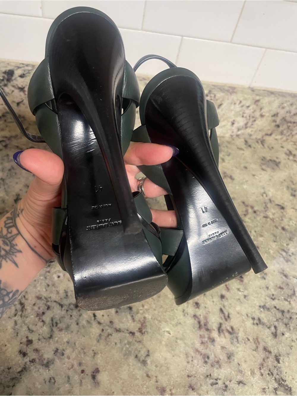 Saint Laurent Tribute Platform Sandals Heels Dark Green size 41 Smooth leather - Picture 8 of 15